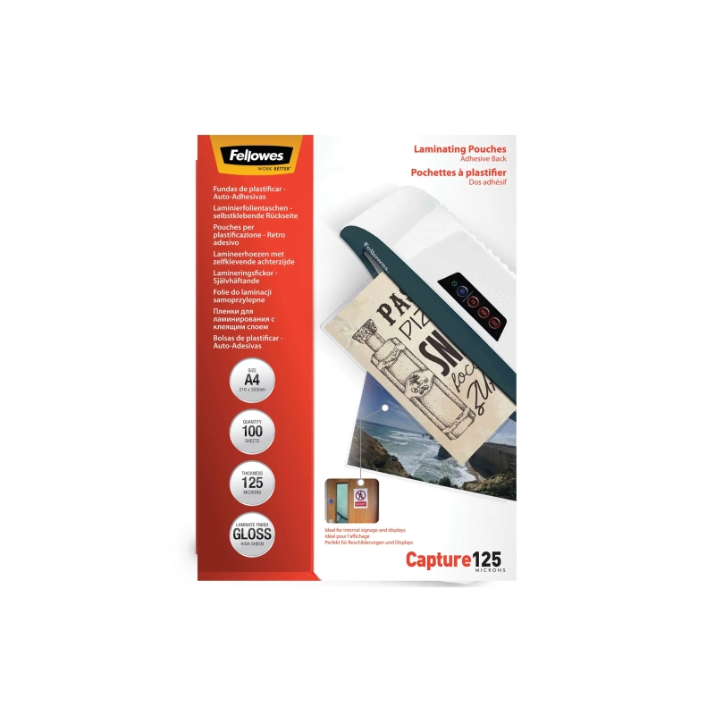 Fellowes Pack de 100 Fundas para Plastificar - Formato A4 - Reverso Adhesivo - Efecto Brillo - 125 micras - Transparente