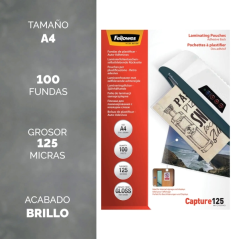 Fellowes Pack de 100 Fundas para Plastificar - Formato A4 - Reverso Adhesivo - Efecto Brillo - 125 micras - Transparente