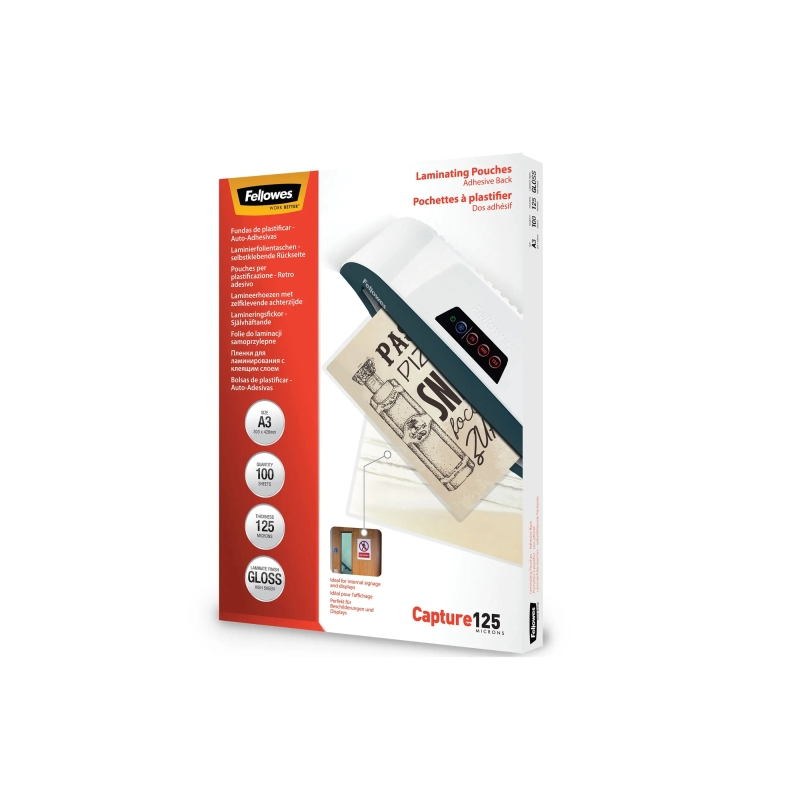 Fellowes Pack de 100 Fundas para Plastificar - Formato A3 - Reverso Adhesivo - Efecto Brillo - 125 micras - Transparente