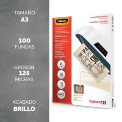 Fellowes Pack de 100 Fundas para Plastificar - Formato A3 - Reverso Adhesivo - Efecto Brillo - 125 micras - Transparente