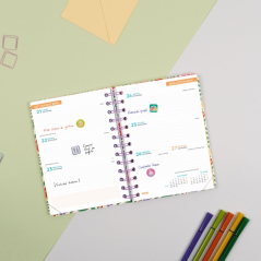 Agenda scolaire Finocam Cosmo Cart 26/27 en catalan - Vue hebdomadaire horizontale - Format 8º - 120 x 169 mm - Couverture carto