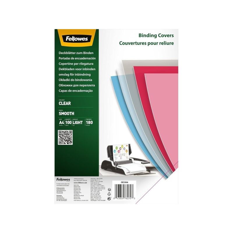 Fellowes Lot de 100 couvertures A4 en polyéthylène 180 microns - Produit recyclable - Transparent
