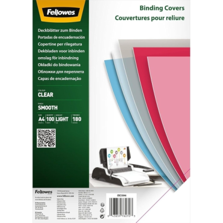 Fellowes Lot de 100 couvertures A4 en polyéthylène 180 microns - Produit recyclable - Transparent