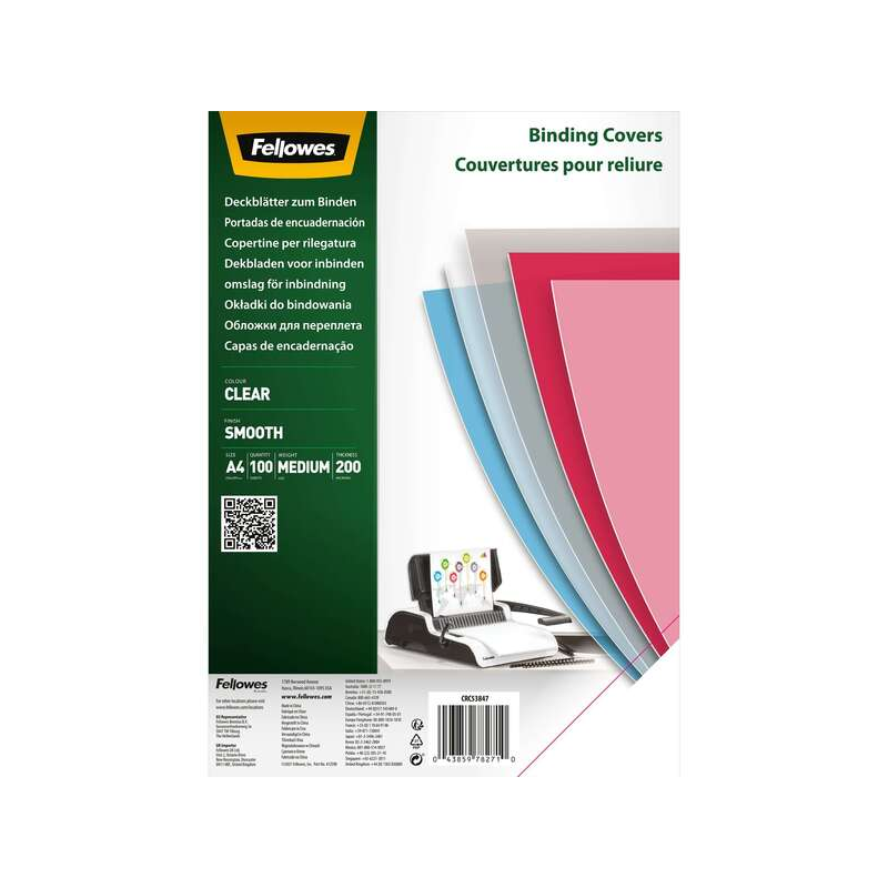 Fellowes Lot de 100 couvertures transparentes en polyéthylène pour documents A4 - épaisseur 200 microns - pour classeurs à spira