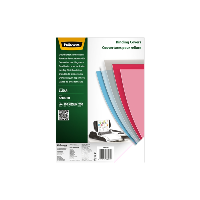 Fellowes Lot de 100 couvertures transparentes en polyéthylène pour documents A4 - Épaisseur de 250 microns - Idéales pour classe