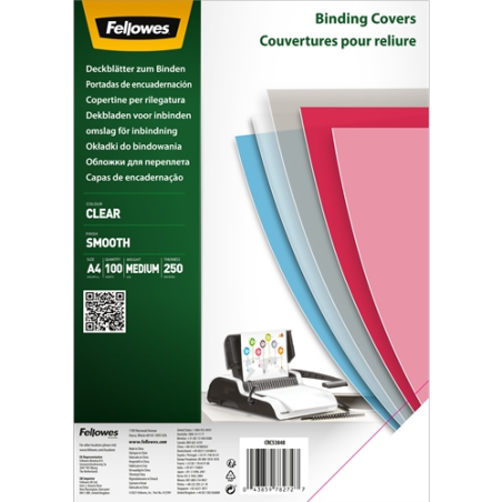 Fellowes Lot de 100 couvertures transparentes en polyéthylène pour documents A4 - Épaisseur de 250 microns - Idéales pour classe