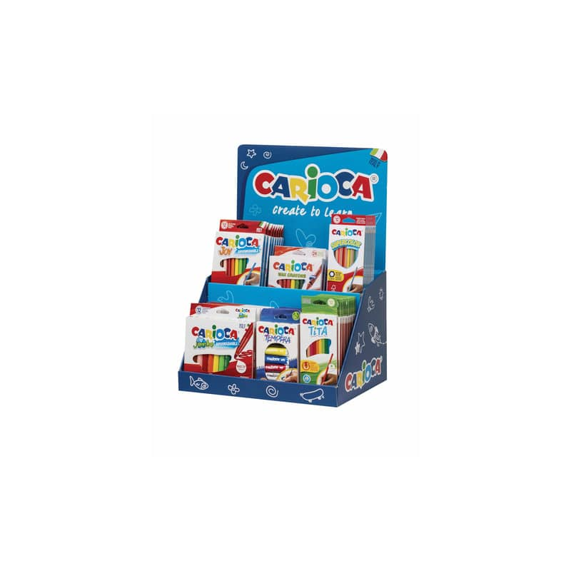 Le présentoir Carioca comprend 8 Joy Box 12 unités, 12 Supercolor Pencils Box 12 unités, 6 Tempera Tubes 12 ml x 5 unités, 6 Jum