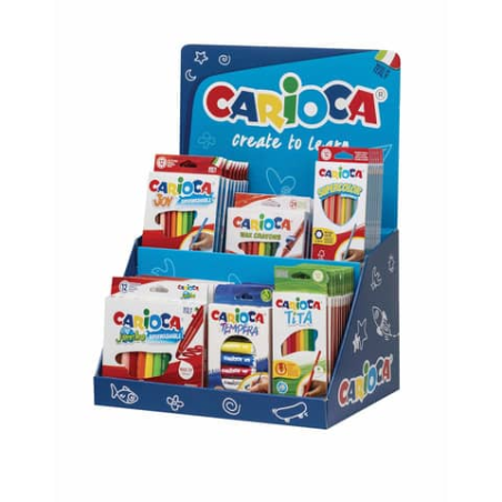 Le présentoir Carioca comprend 8 Joy Box 12 unités, 12 Supercolor Pencils Box 12 unités, 6 Tempera Tubes 12 ml x 5 unités, 6 Jum