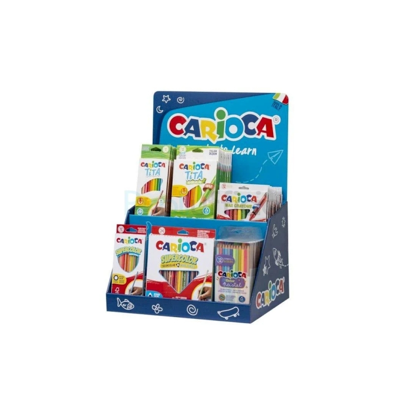 Présentoir de crayons de couleur Carioca comprenant 12 boîtes Tita de 12 unités, 12 boîtes triangulaires Tita de 24 unités, 4 cr