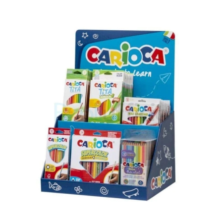 Présentoir de crayons de couleur Carioca comprenant 12 boîtes Tita de 12 unités, 12 boîtes triangulaires Tita de 24 unités, 4 cr