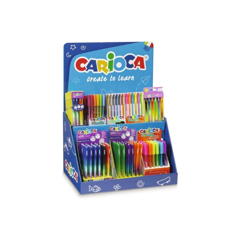 Carioca Fiorella Display Comprend 5 OOPS Easy Blister de 3 unités Bleu Rouge, 7 OOPS Easy Blister de 6 unités, 7 Fiorella Métall