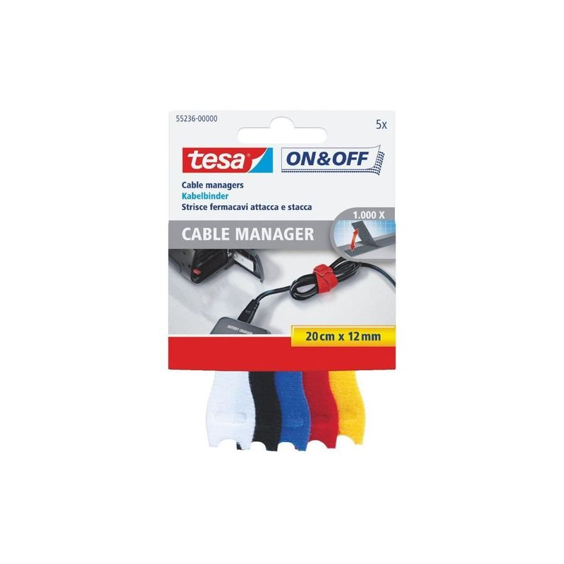 Tesa On & Off Cables Manager Pack de bandes Velcro 20 cm x 12 mm – Pour organiser les câbles – Couleurs assorties