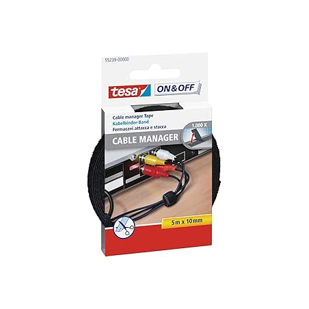 Tesa On & Off Cable Manager Pack de bandes Velcro 5 m x 10 mm – Pour organiser les câbles – Couleur noire