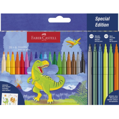 Pack de 24 marqueurs de couleur Faber-Castell Édition Dinosaure - 18 couleurs classiques + 3 couleurs métalliques + 3 couleurs f