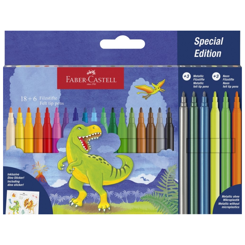 Pack de 24 marqueurs de couleur Faber-Castell Édition Dinosaure - 18 couleurs classiques + 3 couleurs métalliques + 3 couleurs f