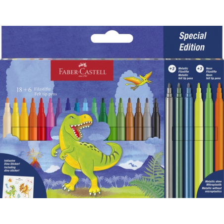 Pack de 24 marqueurs de couleur Faber-Castell Édition Dinosaure - 18 couleurs classiques + 3 couleurs métalliques + 3 couleurs f