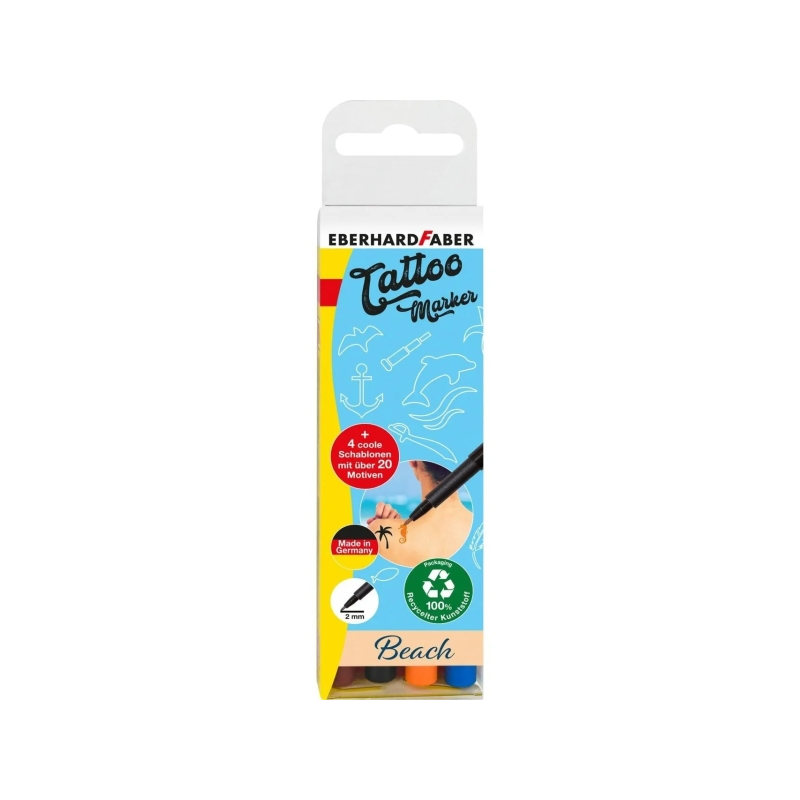 Eberhard Faber Tattoo Marker Beach Pack de 4 marqueurs pour tatouages temporaires + 4 pochoirs avec plus de 20 motifs - Temps de