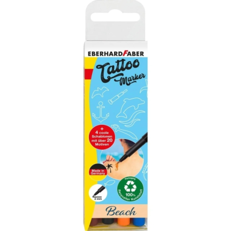 Eberhard Faber Tattoo Marker Beach Pack de 4 marqueurs pour tatouages temporaires + 4 pochoirs avec plus de 20 motifs - Temps de