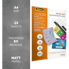 Fellowes Admire Pack de 25 Fundas para Plastificar - Formato A4 - Efecto Mate Antirreflejos - 80 micras - Transparente