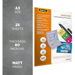 Fellowes Admire Pack de 25 Fundas para Plastificar - Formato A3 - Efecto Mate Antirreflejos - 80 micras - Transparente