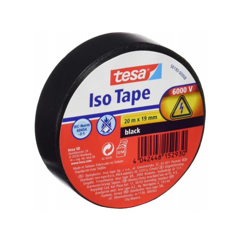 Ruban Isolant Tesa 19 mm x 20 m - En PVC - Pour réparer, isoler et regrouper tous types de câbles électriques - Couleur Noir