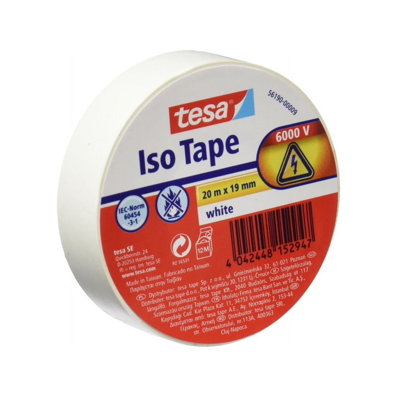 Ruban Isolant Tesa 19 mm x 20 m - En PVC - Pour réparer, isoler et regrouper tous types de câbles électriques - Couleur Blanc