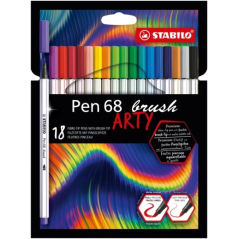 Stabilo Pen 68 Brush Arty Pack de 18 Feutres - Pointe Pinceau - Encre à Base d'Eau - Couleurs Assorties