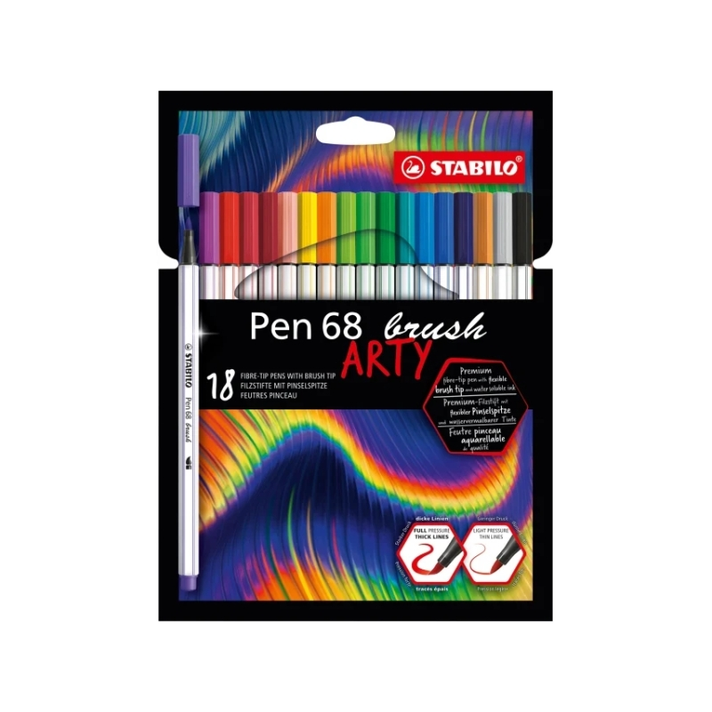 Stabilo Pen 68 Brush Arty Pack de 18 Feutres - Pointe Pinceau - Encre à Base d'Eau - Couleurs Assorties
