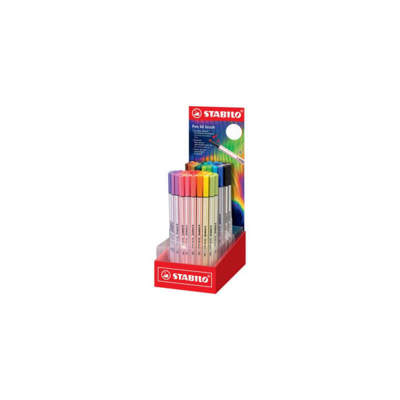 Stabilo Pen 68 Brush Arty Présentoir de 80 marqueurs - Pointe pinceau - Encre à base d'eau - Couleurs assorties