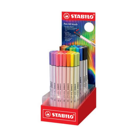 Stabilo Pen 68 Brush Arty Présentoir de 80 marqueurs - Pointe pinceau - Encre à base d'eau - Couleurs assorties
