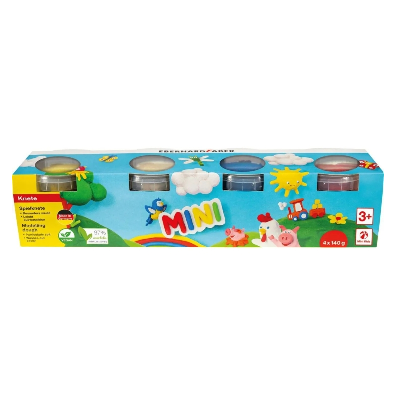 Pack Mini Kids Eberhard Faber avec 4 pots de 140 g de pâte à modeler - 97 % d'ingrédients naturels - Couleurs blanc, jaune, roug