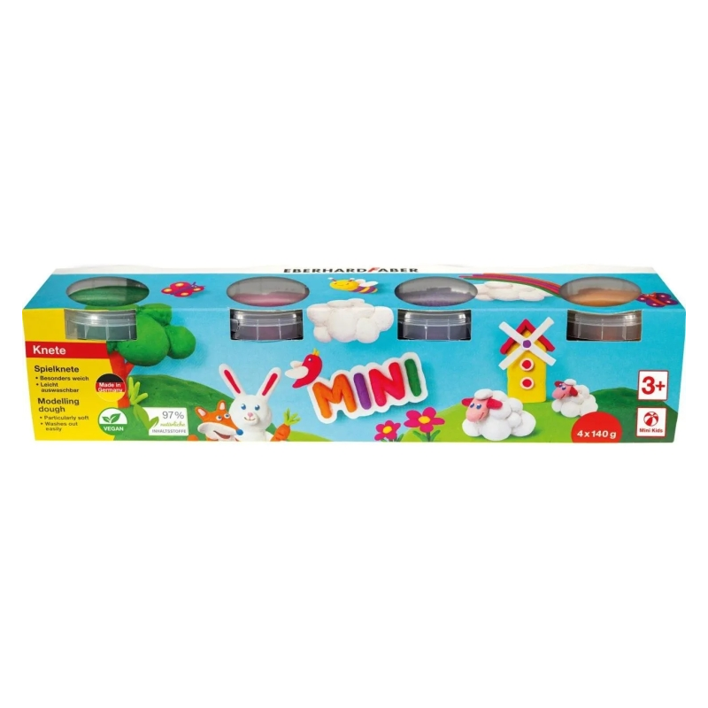 Pack Mini Kids Eberhard Faber avec 4 pots de 140 g de pâte à modeler - 97 % d'ingrédients naturels - Couleurs orange, violet, ro