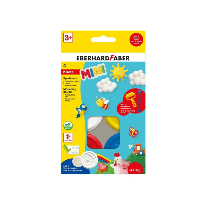 Pack Mini Kids Eberhard Faber avec 4 pots de 50 g de pâte à modeler + 2 outils - 90 % d'ingrédients naturels - Facile à nettoyer