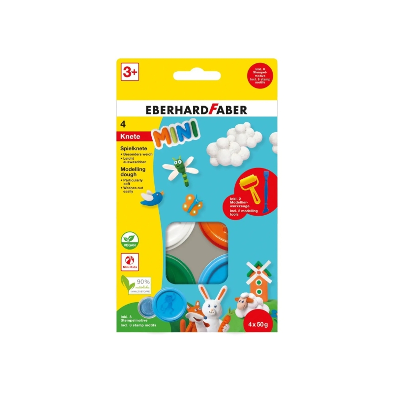 Pack Mini Kids Eberhard Faber avec 4 pots de 50 g de pâte à modeler + 2 outils - 90 % d'ingrédients naturels - Facile à laver -