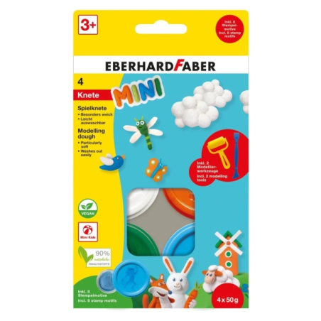 Pack Mini Kids Eberhard Faber avec 4 pots de 50 g de pâte à modeler + 2 outils - 90 % d'ingrédients naturels - Facile à laver -