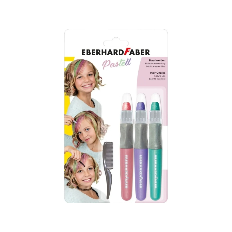 Pack de 3 craies pastel pour cheveux Eberhard Faber + 1 mini peigne - Appliquer sur cheveux secs - Utiliser le peigne pour répar