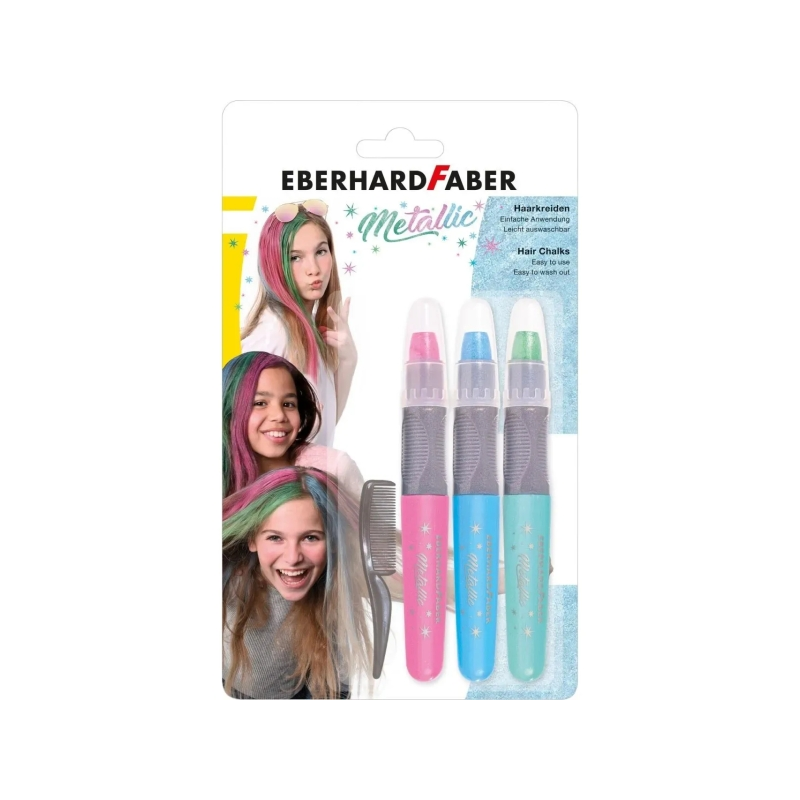 Pack de 3 craies métalliques pour cheveux Eberhard Faber + 1 mini peigne - Appliquer sur cheveux secs - Utiliser le peigne pour