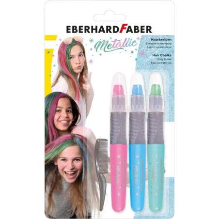 Pack de 3 craies métalliques pour cheveux Eberhard Faber + 1 mini peigne - Appliquer sur cheveux secs - Utiliser le peigne pour
