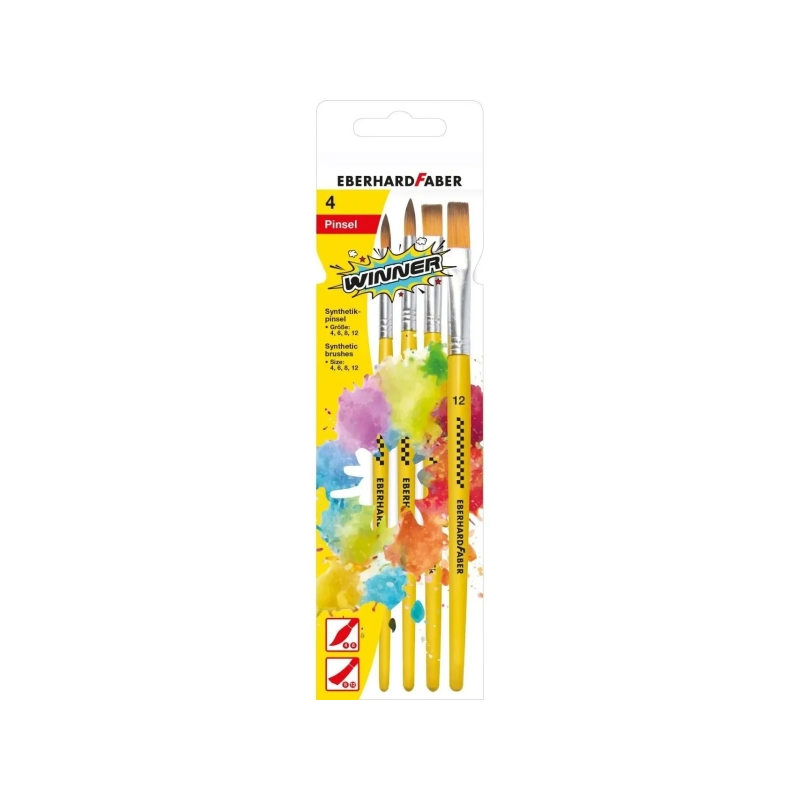 Lot de 4 pinceaux en poils synthétiques Eberhard Winner Faber, tailles 4, 6, 8 et 12, virole en aluminium
