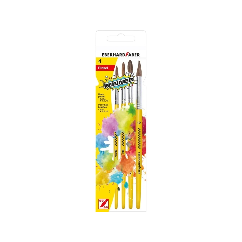Lot de 4 pinceaux en poils de poney Eberhard Faber Winner, tailles 4, 6, 8 et 12, virole en aluminium