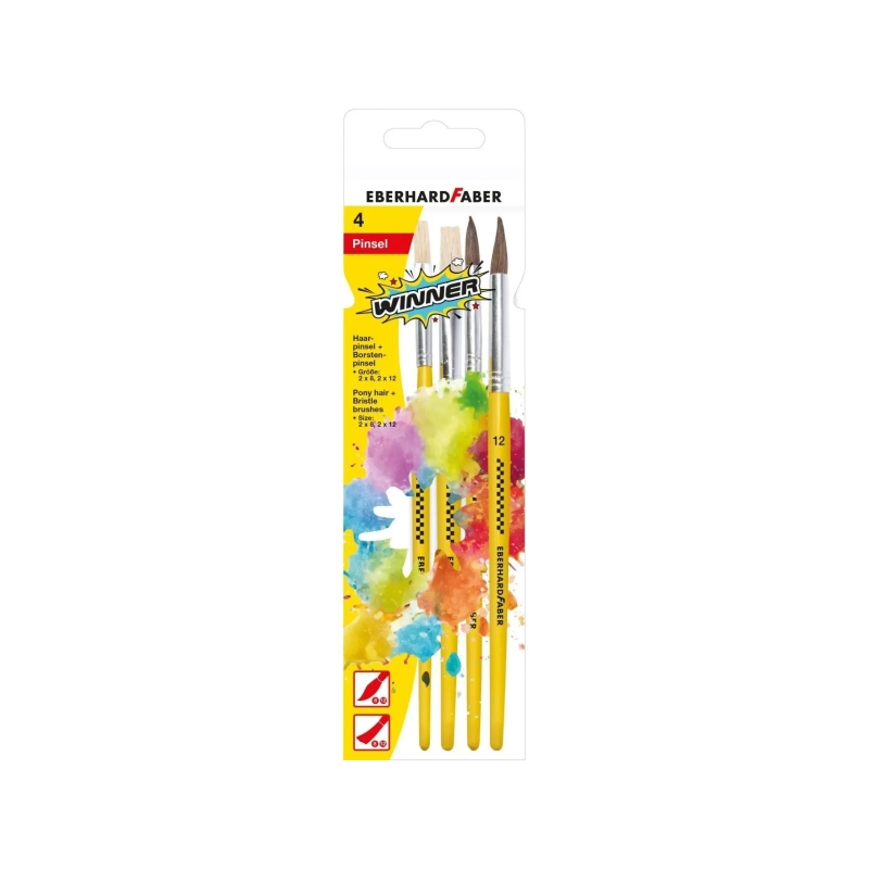 Lot de 4 pinceaux en soies et poils de poney Eberhard Faber Winner, tailles 8 et 12, virole en aluminium