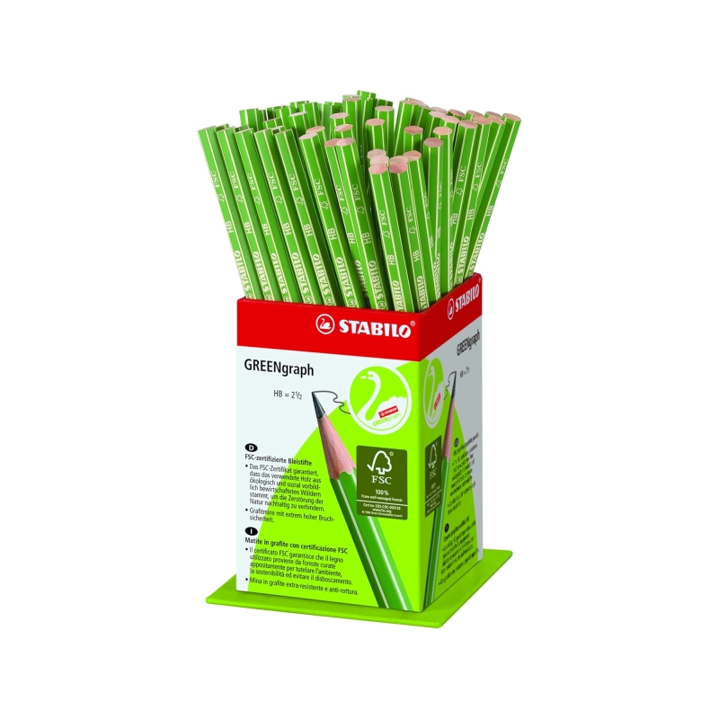 Coffret Stabilo GREENgraph avec 60 crayons graphite - Mine HB 2,2 mm - Bois 100 % issu de forêts gérées durablement - Corps vert