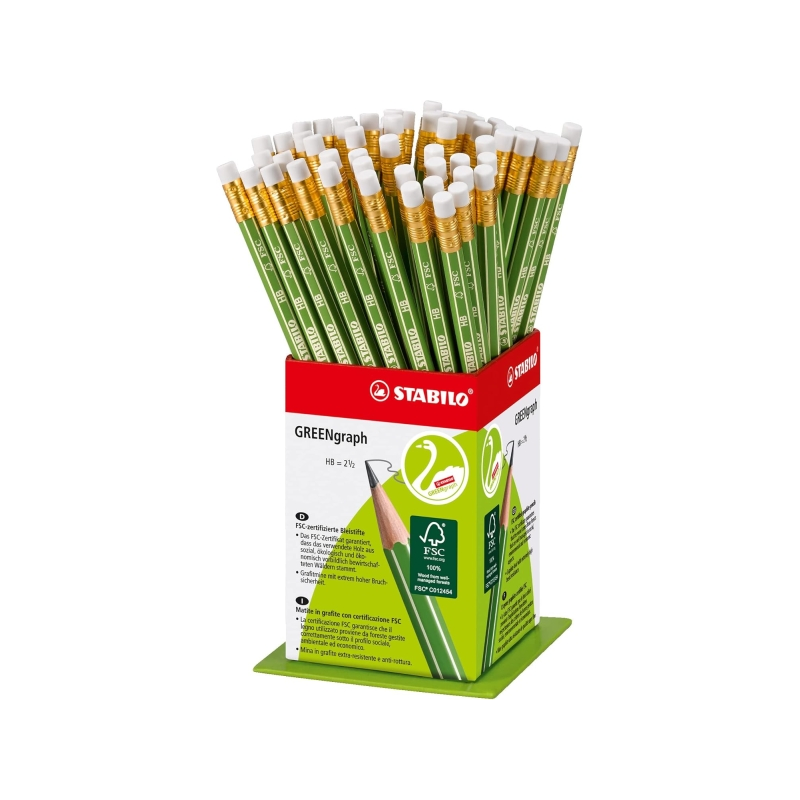 Coffret Stabilo GREENgraph avec 60 crayons graphite et gomme - Mine HB 2,2 mm - Bois 100 % issu de forêts gérées durablement - C