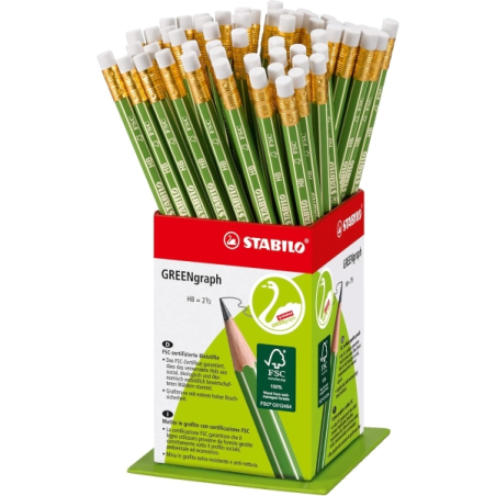Coffret Stabilo GREENgraph avec 60 crayons graphite et gomme - Mine HB 2,2 mm - Bois 100 % issu de forêts gérées durablement - C