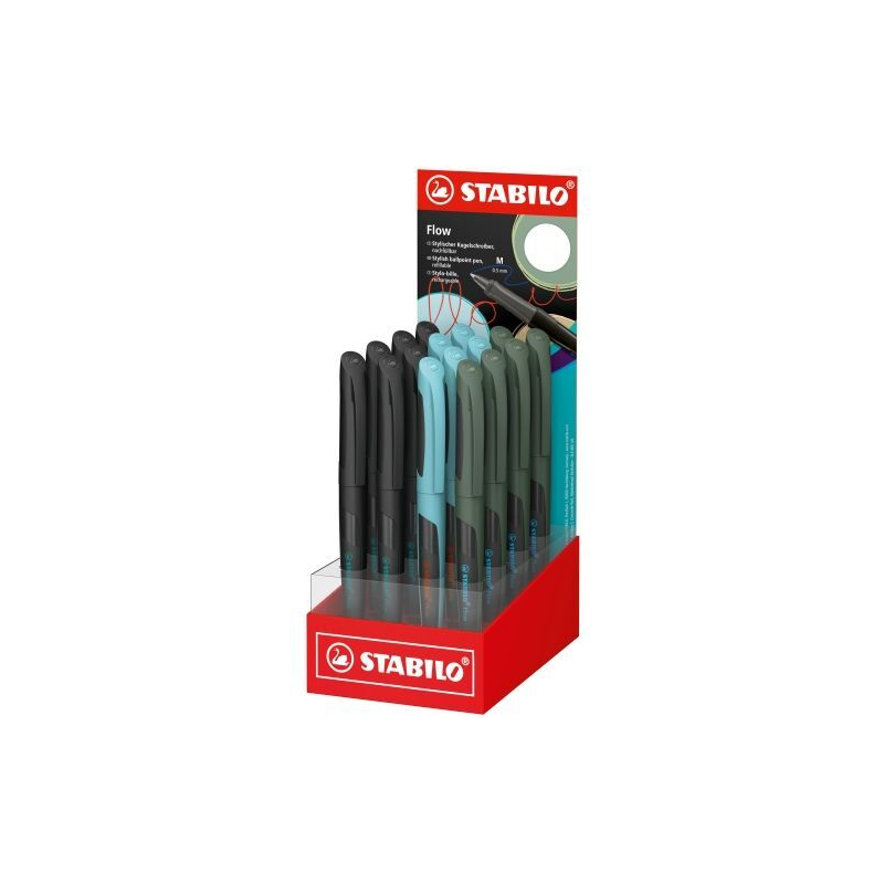 Présentoir Stabilo Flow avec 16 stylos - Largeur de trait : 0,5 mm - Prise en main ergonomique - Rechargeable - Encre bleue - Co
