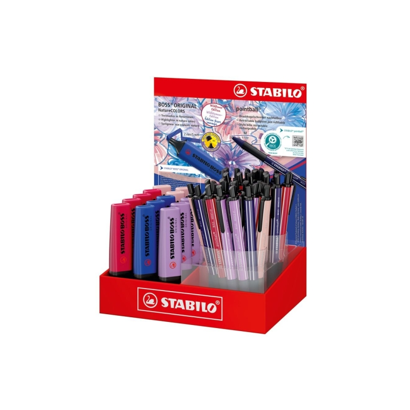 Présentoir Stabilo Boss Naturecolors Wildflower avec 15 marqueurs Boss et 38 stylos Pointball à encre bleue (couleurs assorties)