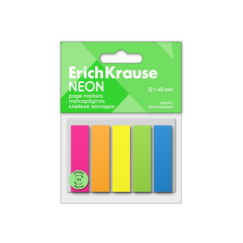 ErichKrause Lot de 5 blocs de 25 marque-pages en plastique 12 x 45 mm - Couleurs : jaune, bleu, orange, vert et rose fluo
