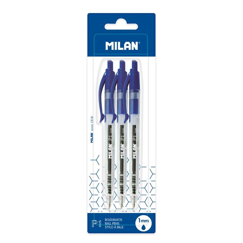 Stylo bille rétractable bleu 1mm lot de 3 Milan P1 Stylo bille rétractable bleu 1mm lot de 3 Milan P1