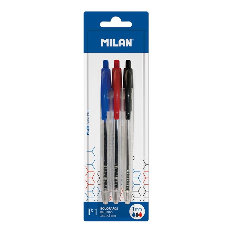 Stylos bille rétractables Milan P1 bleu noir rouge x3