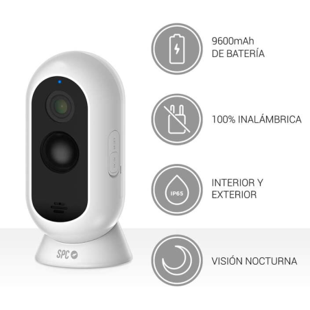 Caméra de sécurité sans fil SPC avec batterie - 9600 Mah - Wifi - Intérieur et extérieur - Résistant à la pluie - Full HD - Visi